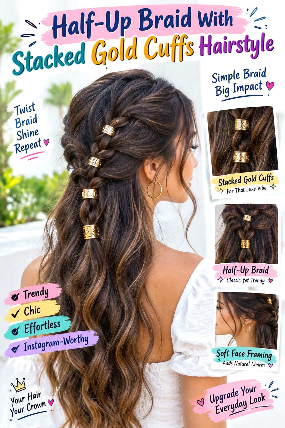 Half-Up Braid With Stacked Gold Cuffs Hairstyle