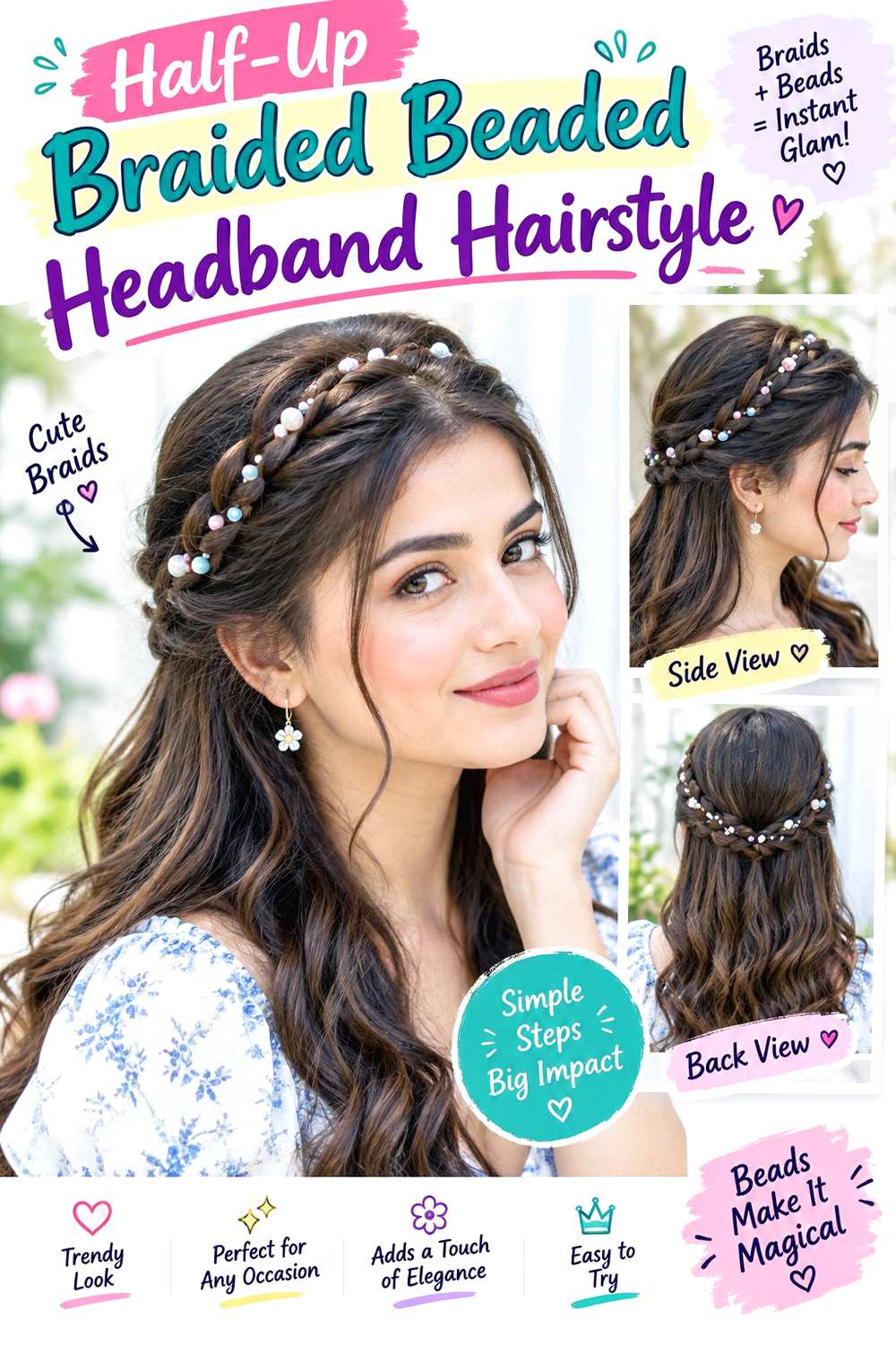 Half-Up Braided Beaded Headband Hairstyle