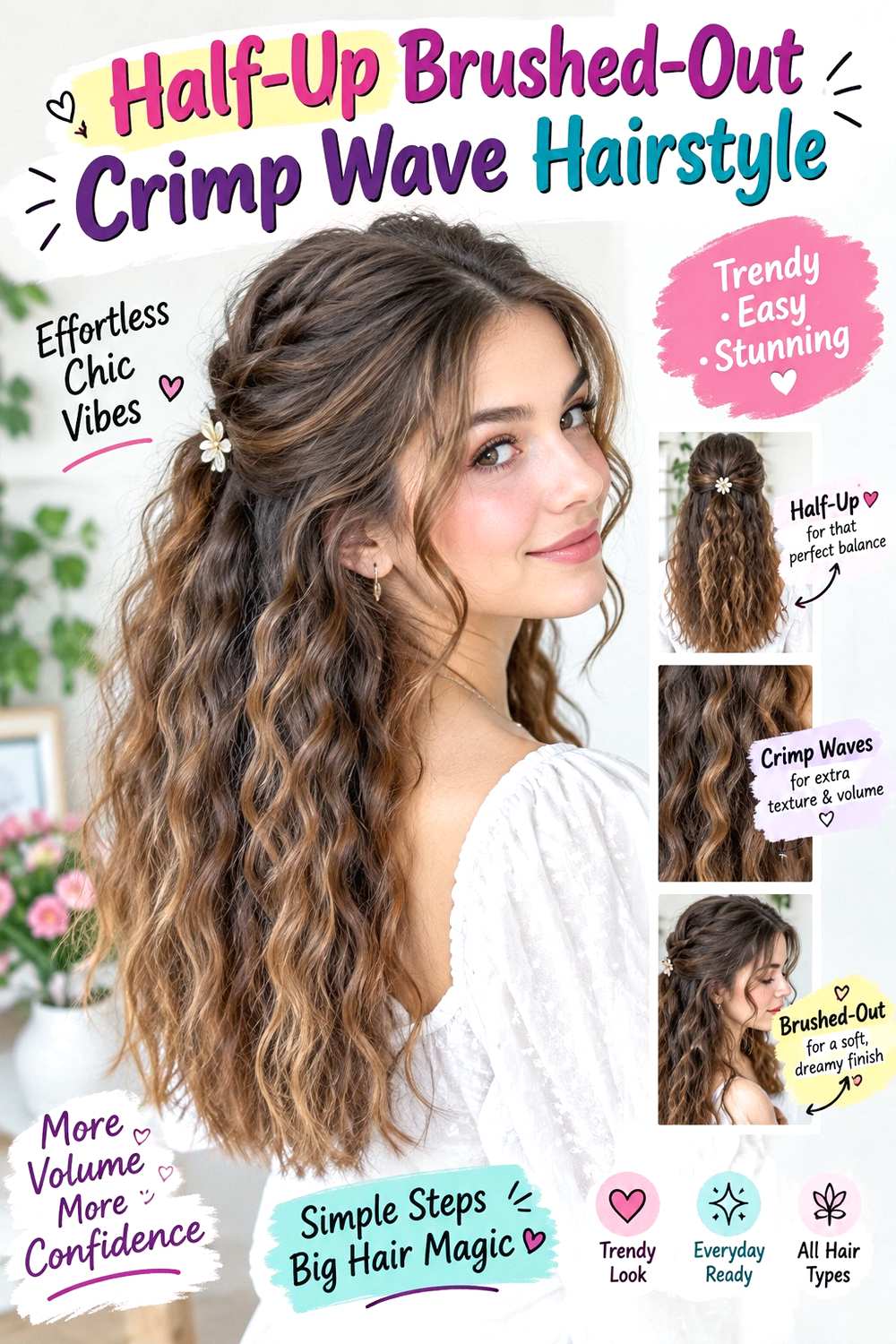 Half-Up Brushed-Out Crimp Wave Hairstyle