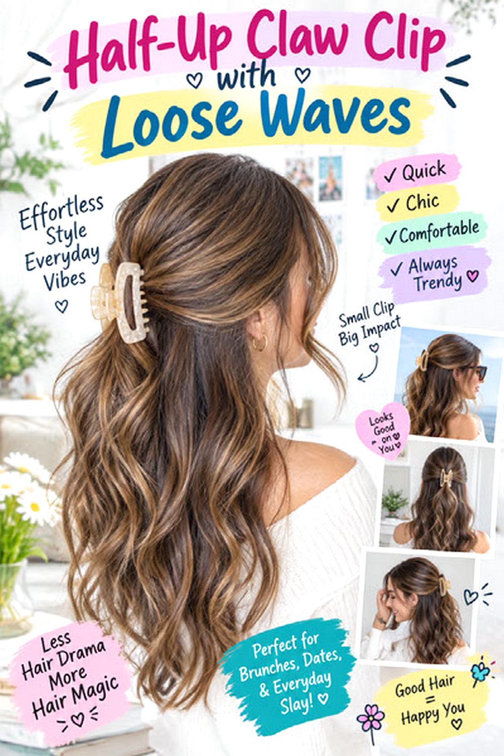 Half-Up Claw Clip with Loose Waves Hairstyle