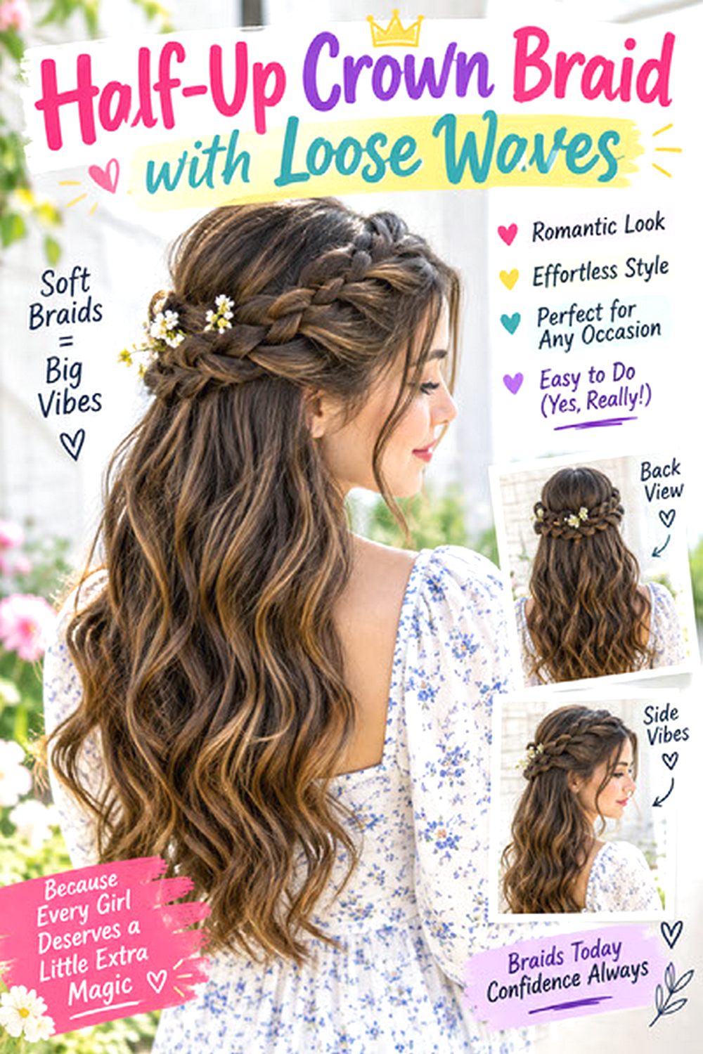 Half-Up Crown Braid with Loose Waves hairstyle