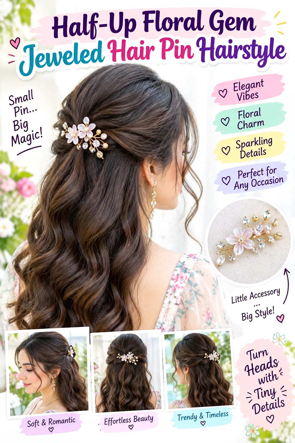 Half-Up Floral Gem Jeweled Hair Pin Hairstyle