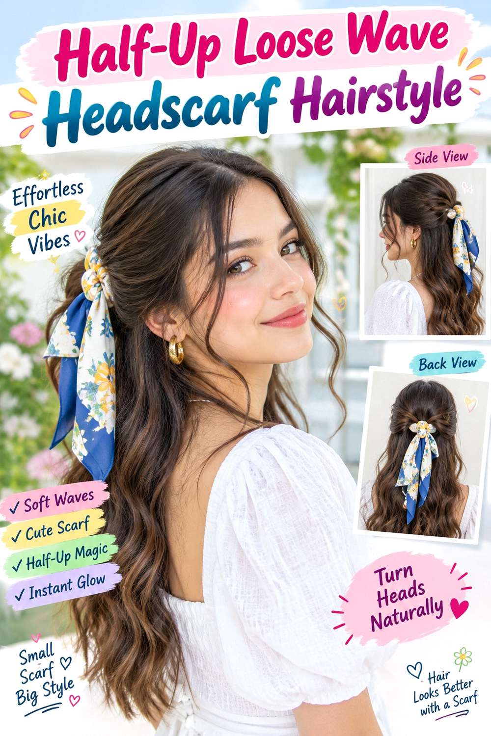 Half-Up Loose Wave Headscarf Hairstyle