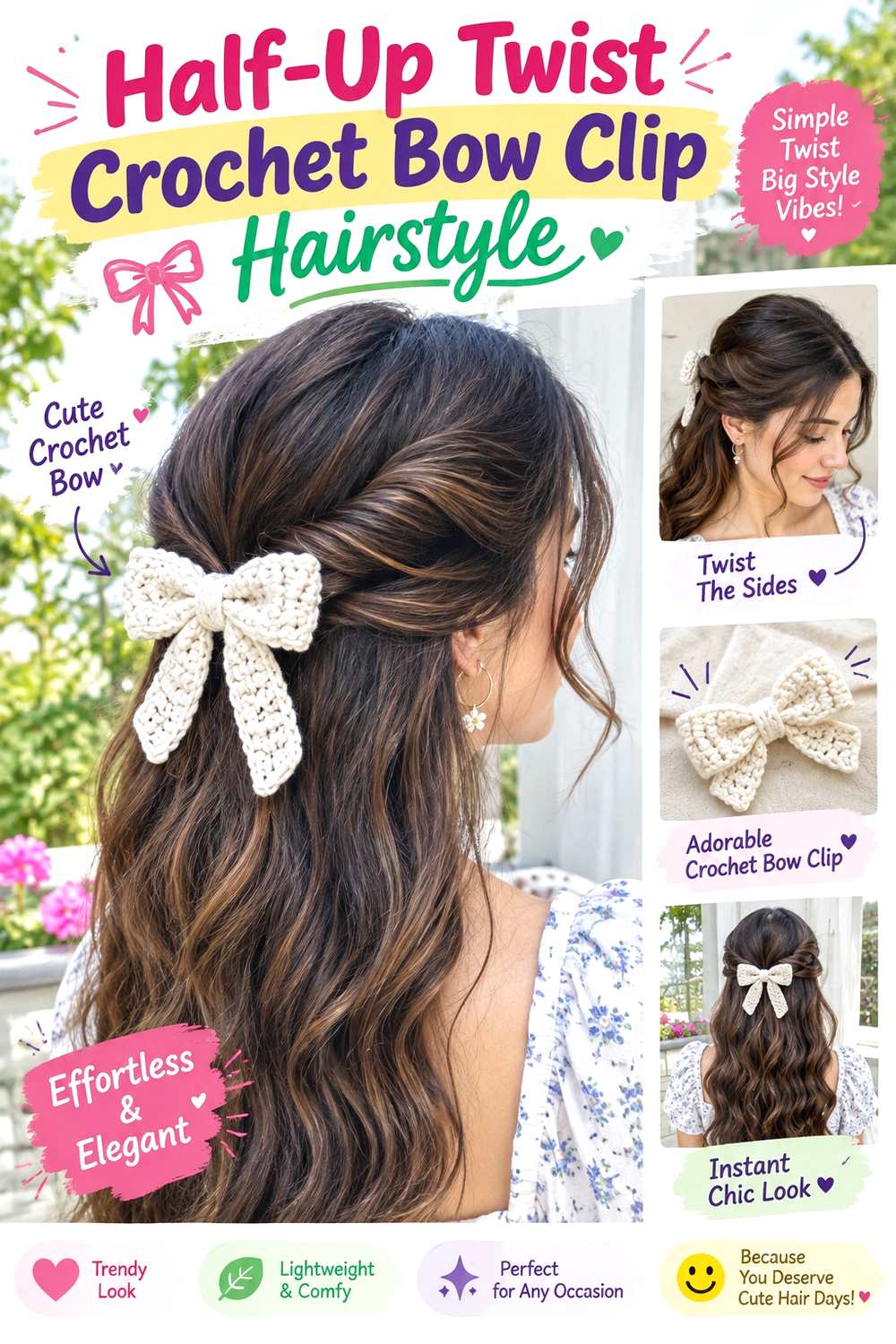 Half-Up Twist Crochet Bow Clip Hairstyle