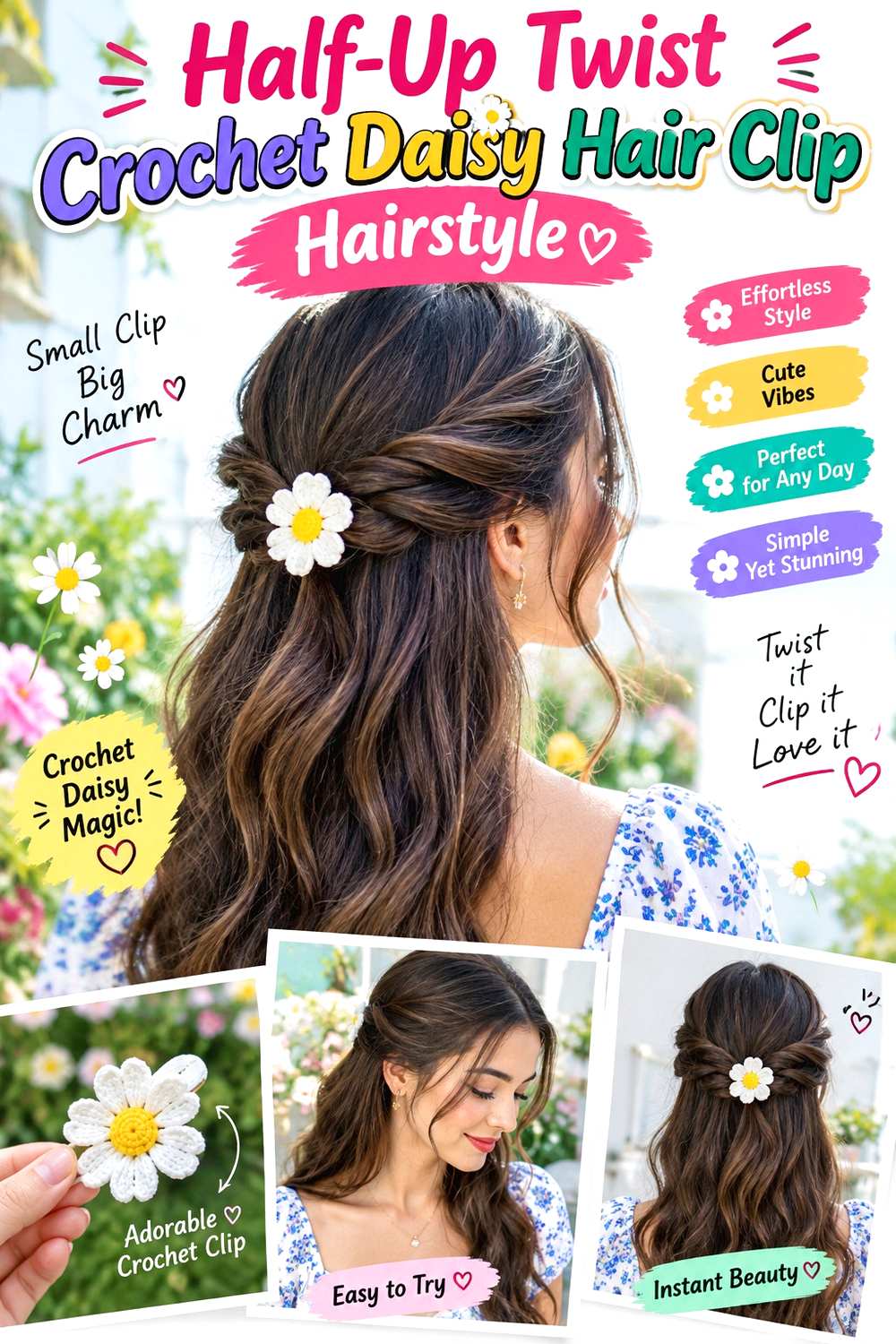 Half-Up Twist Crochet Daisy Hair Clip Hairstyle
