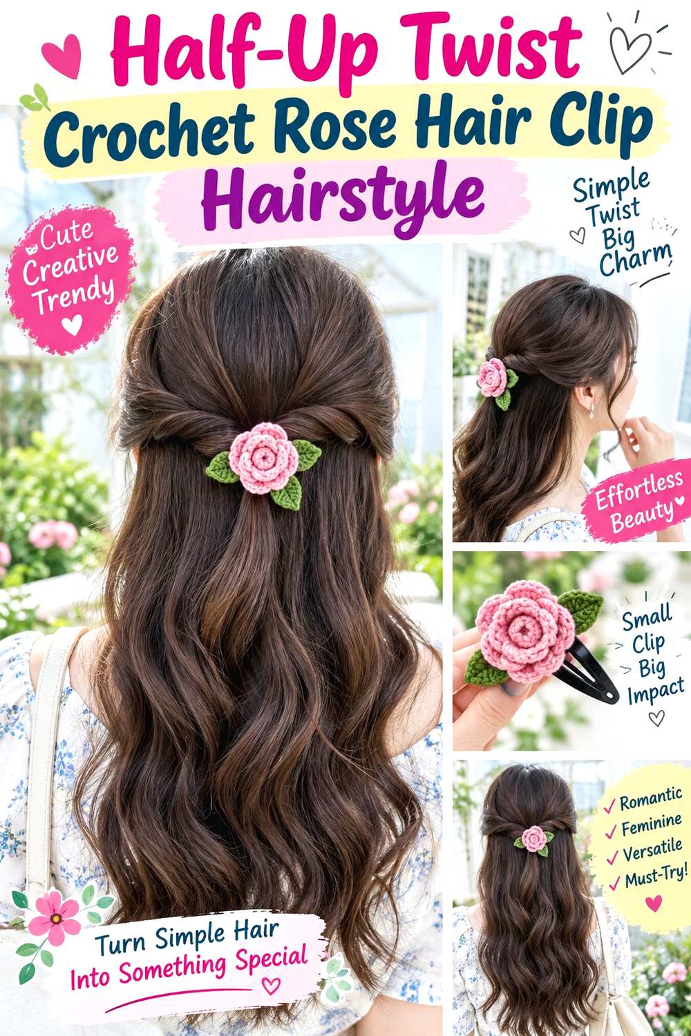 Half-Up Twist Crochet Rose Hair Clip Hairstyle
