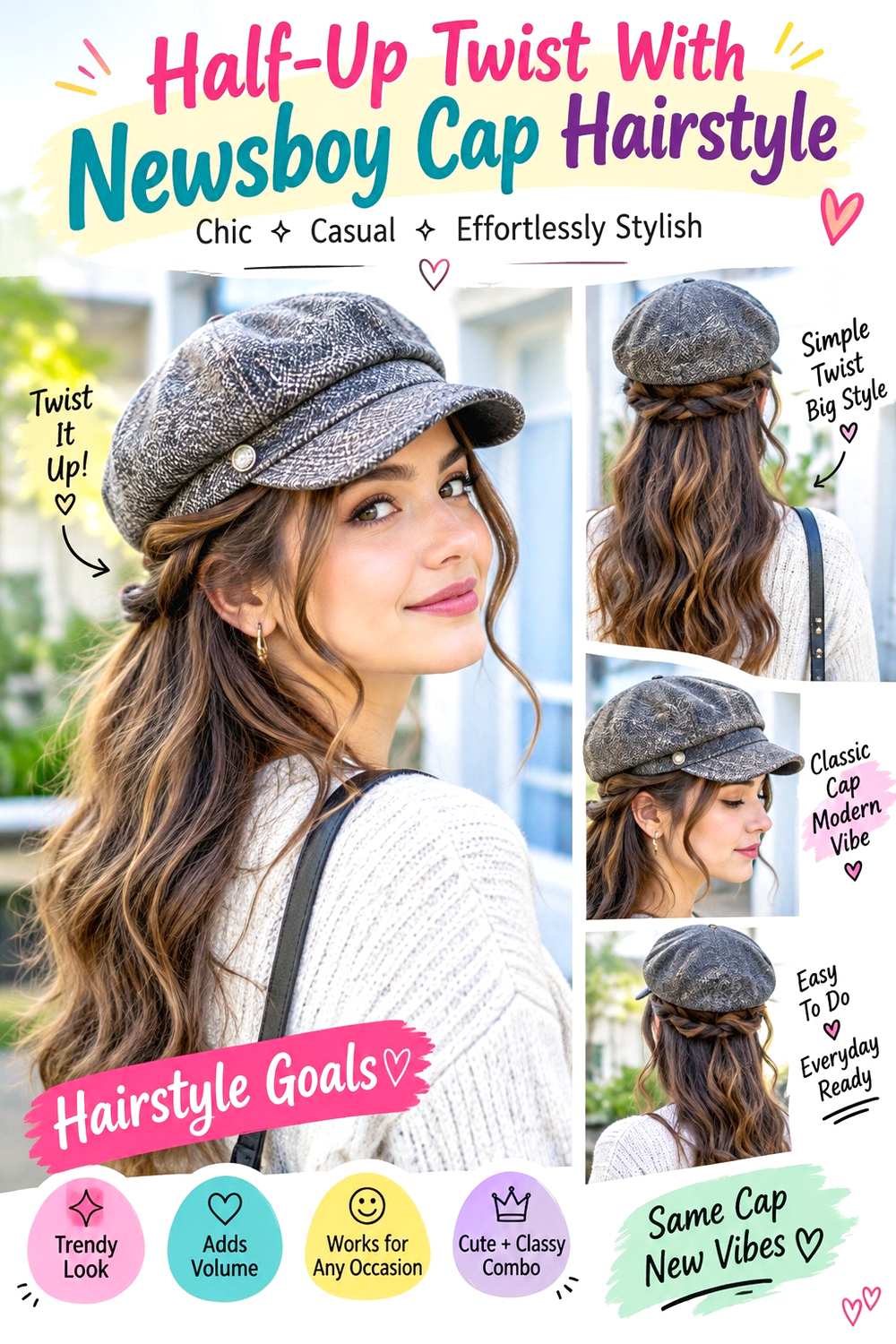Half-Up Twist With Newsboy Cap Hairstyle