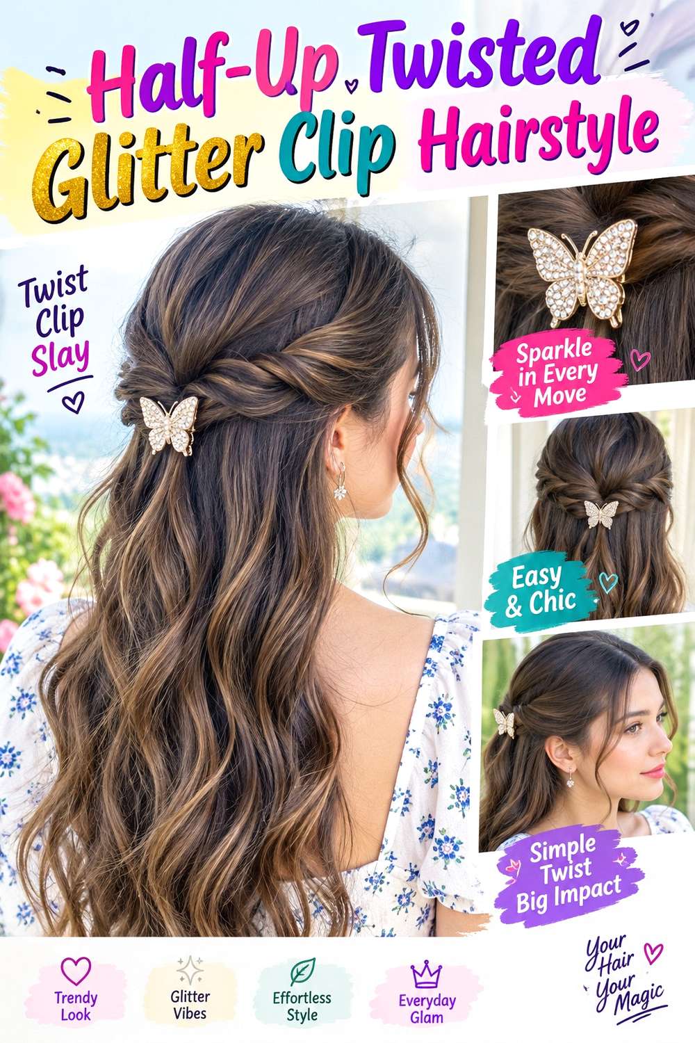 Half-Up Twisted Glitter Clip Hairstyle