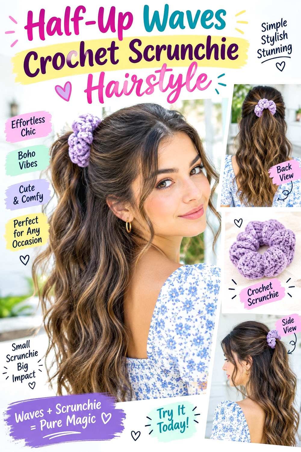 Half-Up Waves Crochet Scrunchie Hairstyle