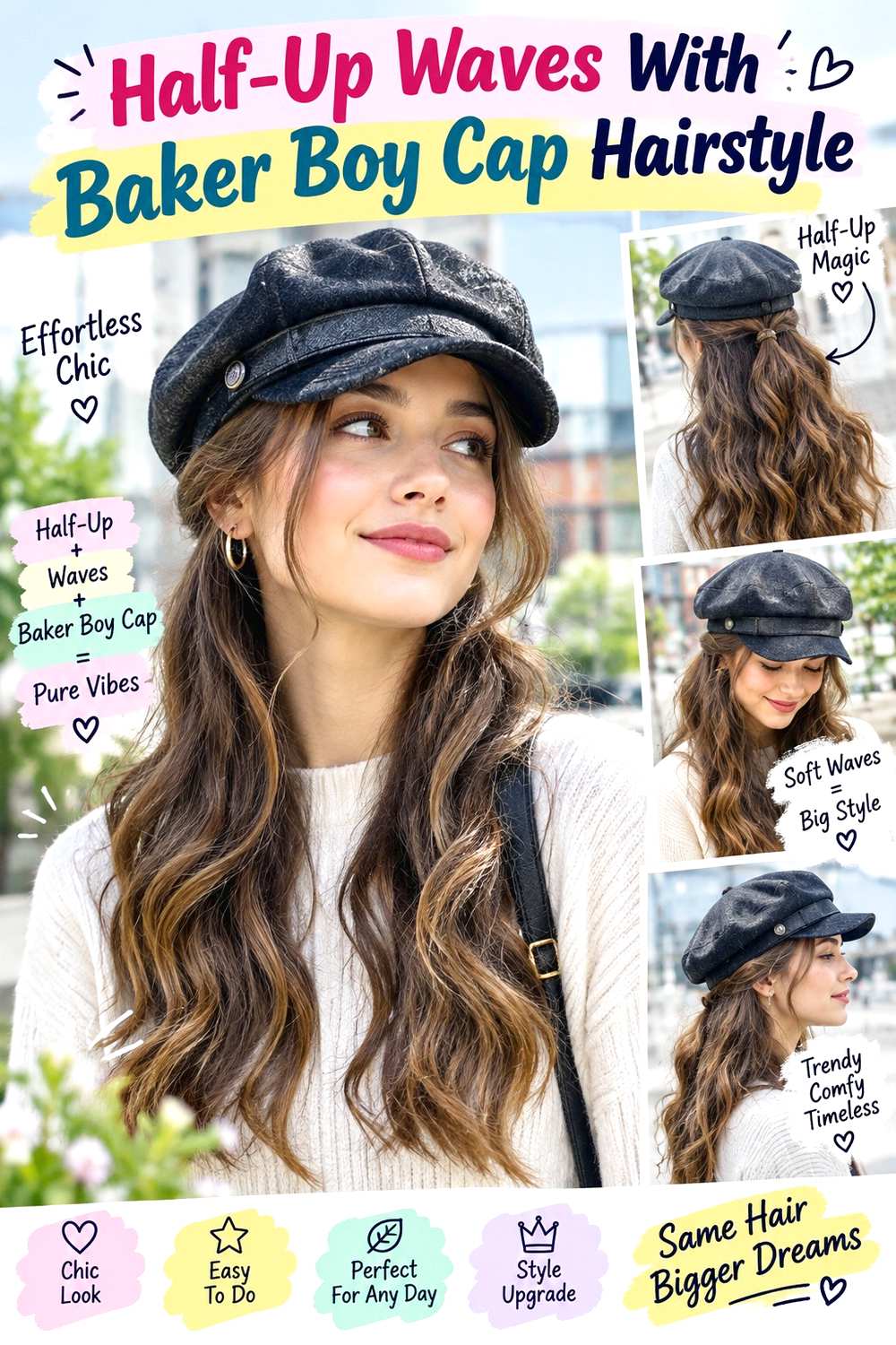 Half-Up Waves With Baker Boy Cap Hairstyle