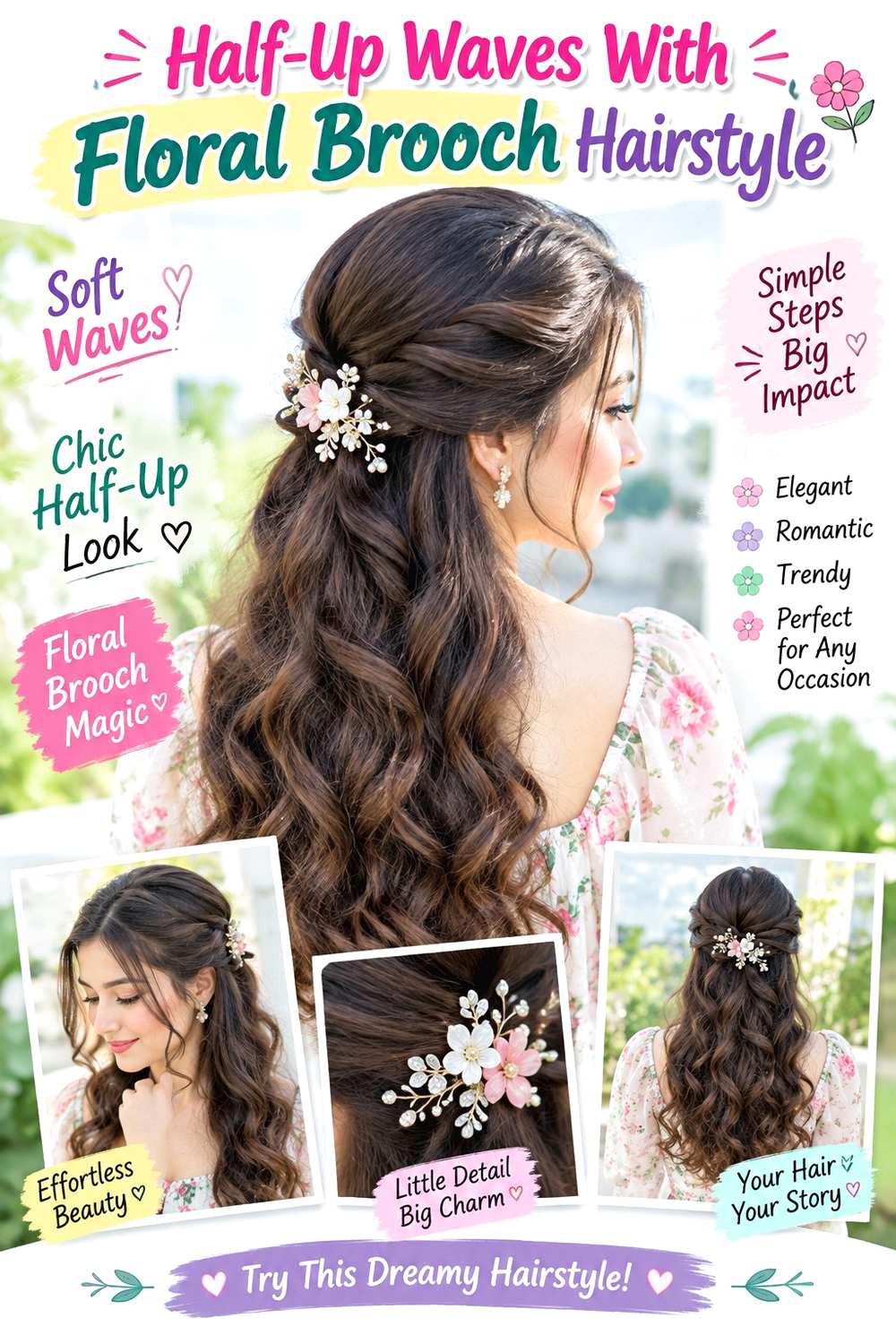 Half-Up Waves With Floral Brooch Hairstyle