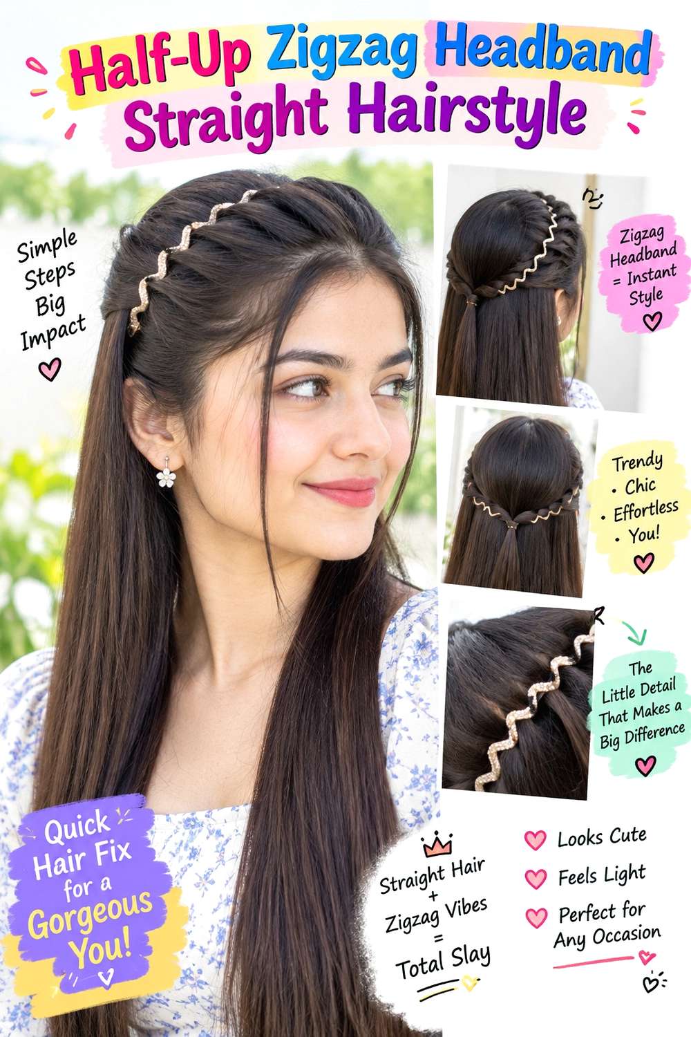 Half-Up Zigzag Headband Straight Hairstyle