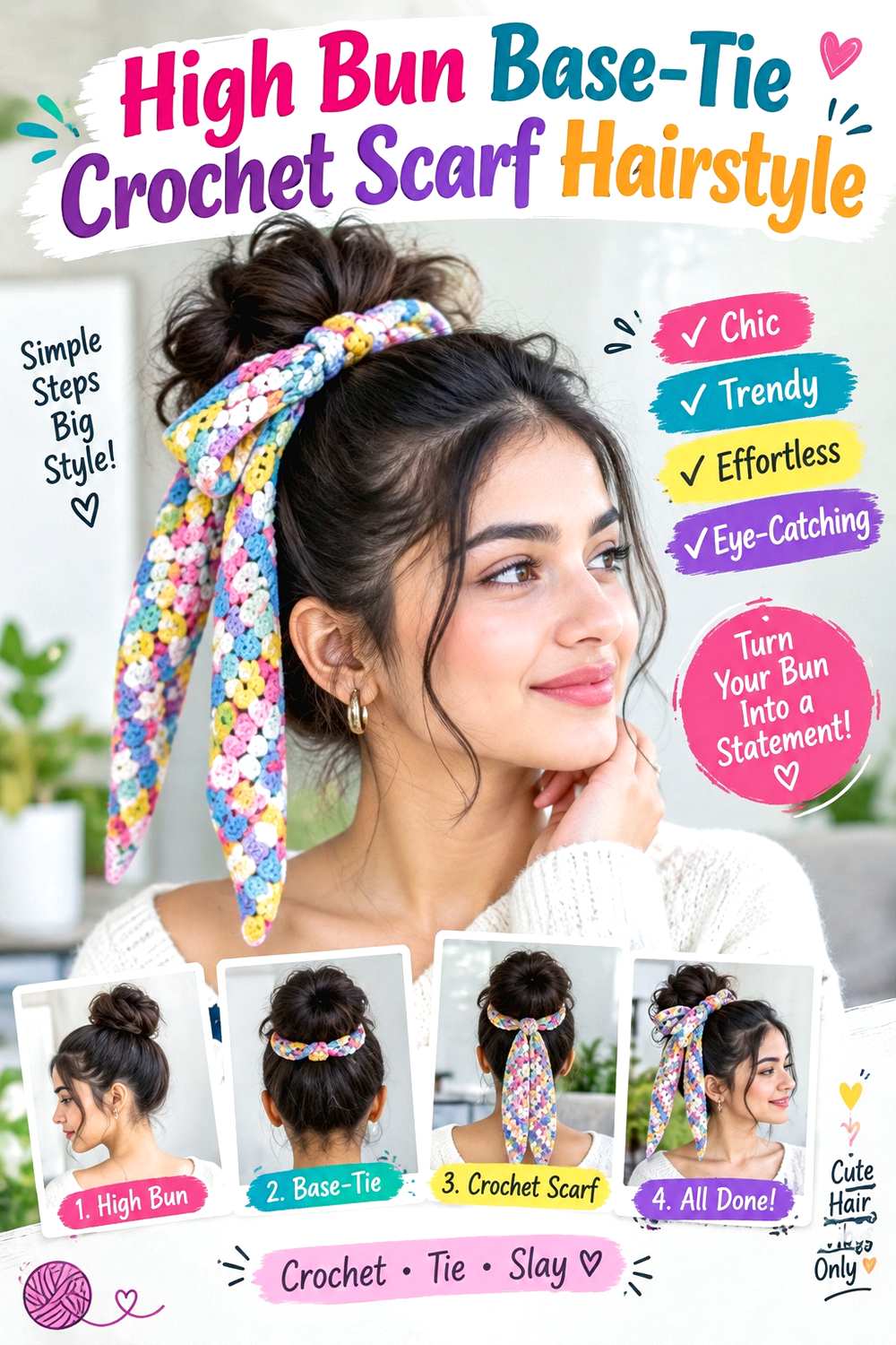 High Bun Base-Tie Crochet Scarf Hairstyle