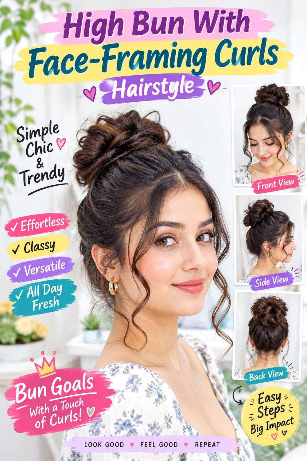High Bun With Face-Framing Curls Hairstyle