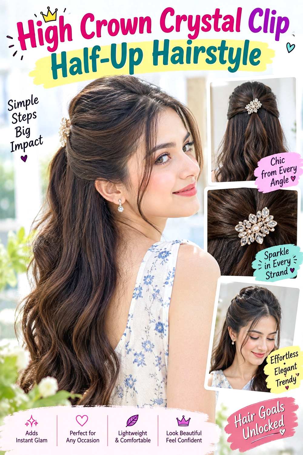 High Crown Crystal Clip Half-Up Hairstyle