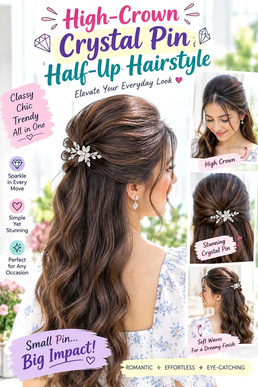 High-Crown Crystal Pin Half-Up Hairstyle