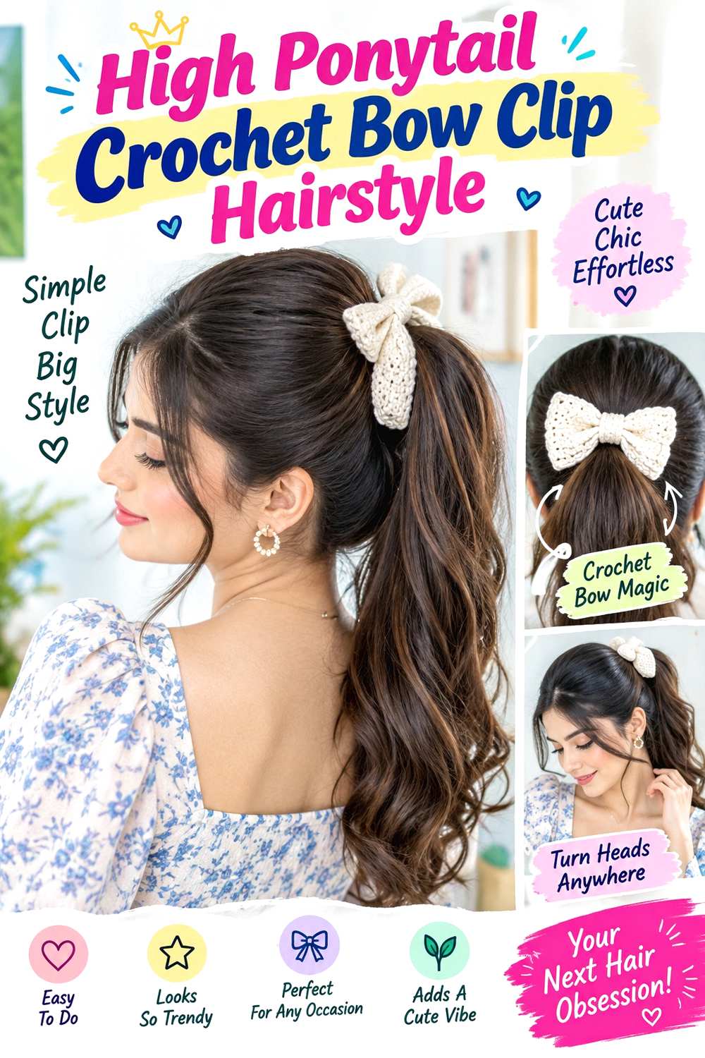 High Ponytail Crochet Bow Clip Hairstyle