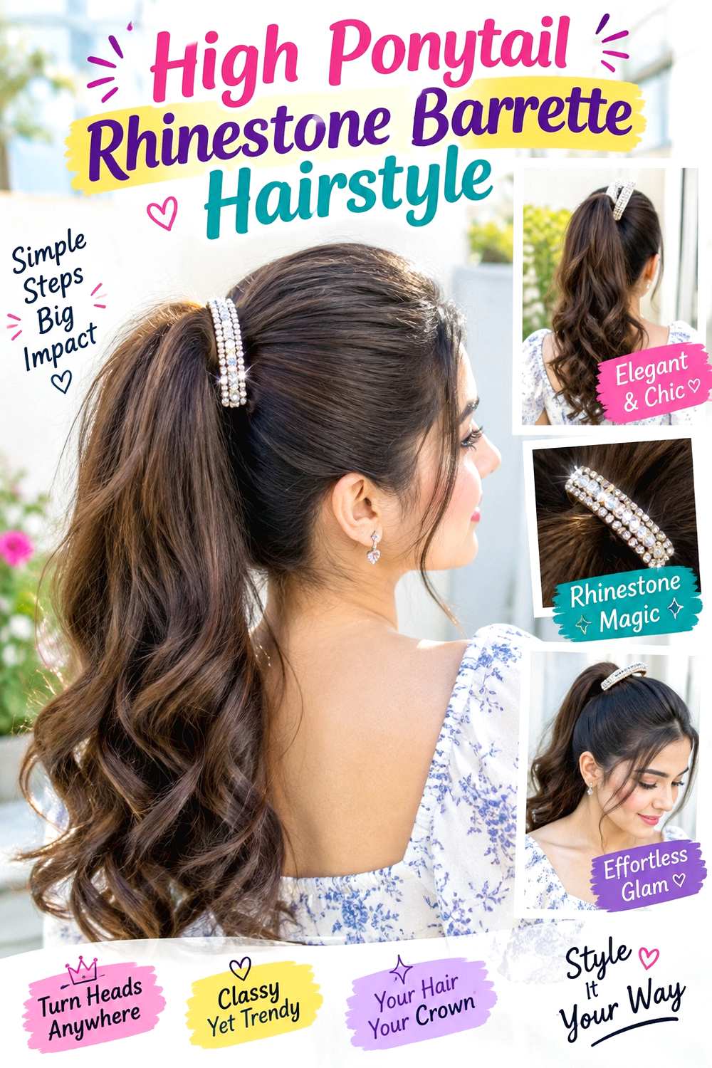 High Ponytail Rhinestone Barrette Hairstyle