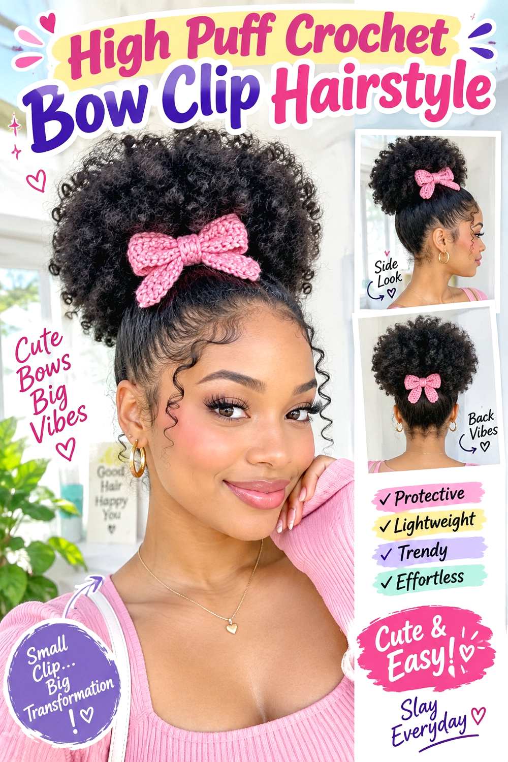High Puff Crochet Bow Clip Hairstyle
