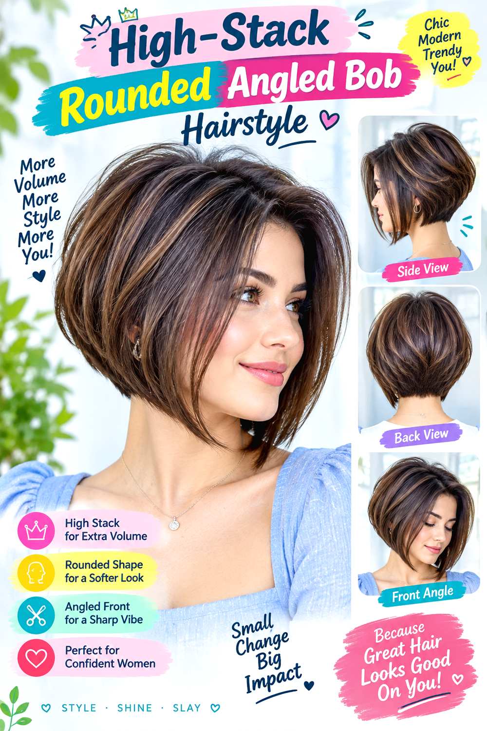 High-Stack Rounded Angled Bob Hairstyle