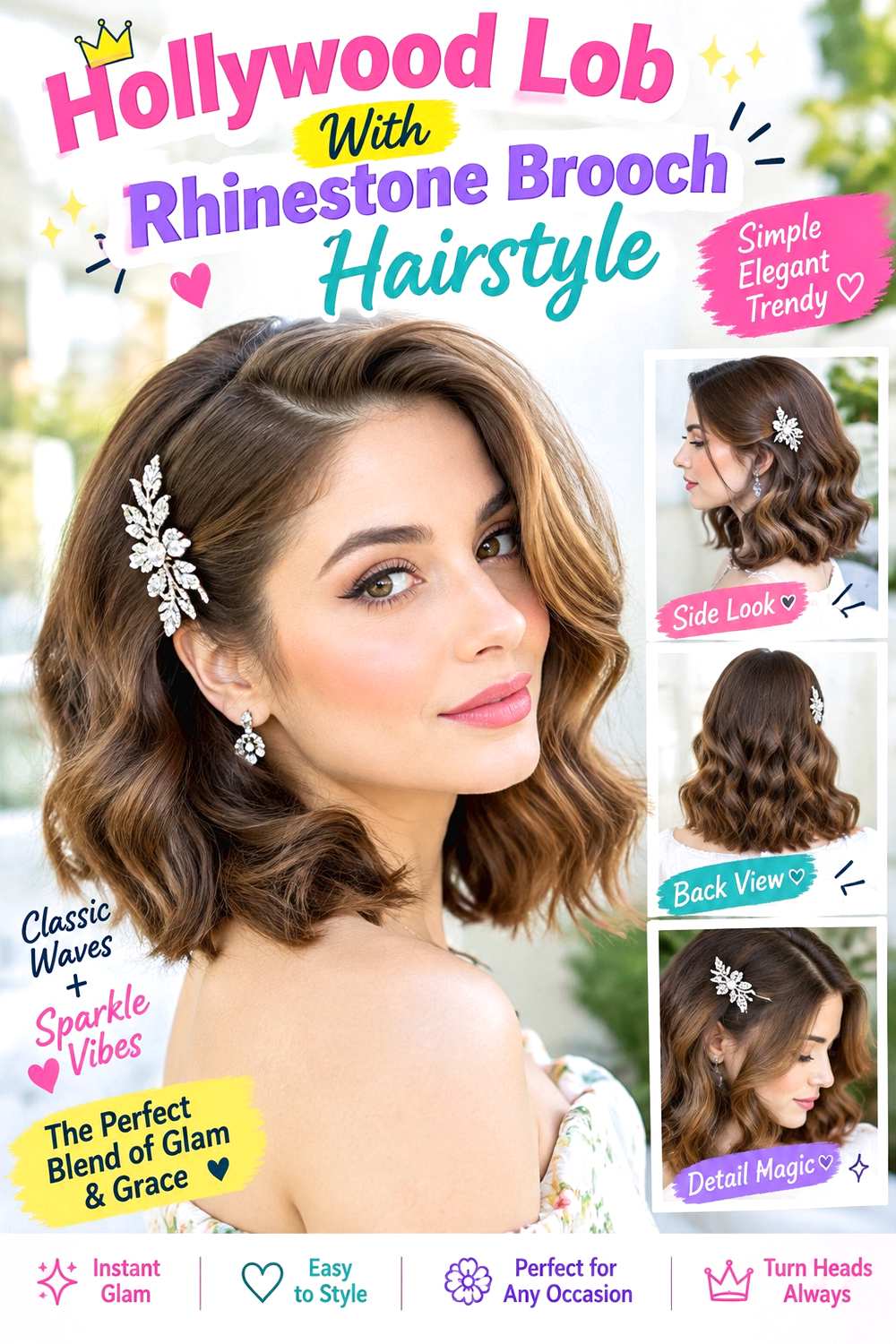 Hollywood Lob With Rhinestone Brooch Hairstyle