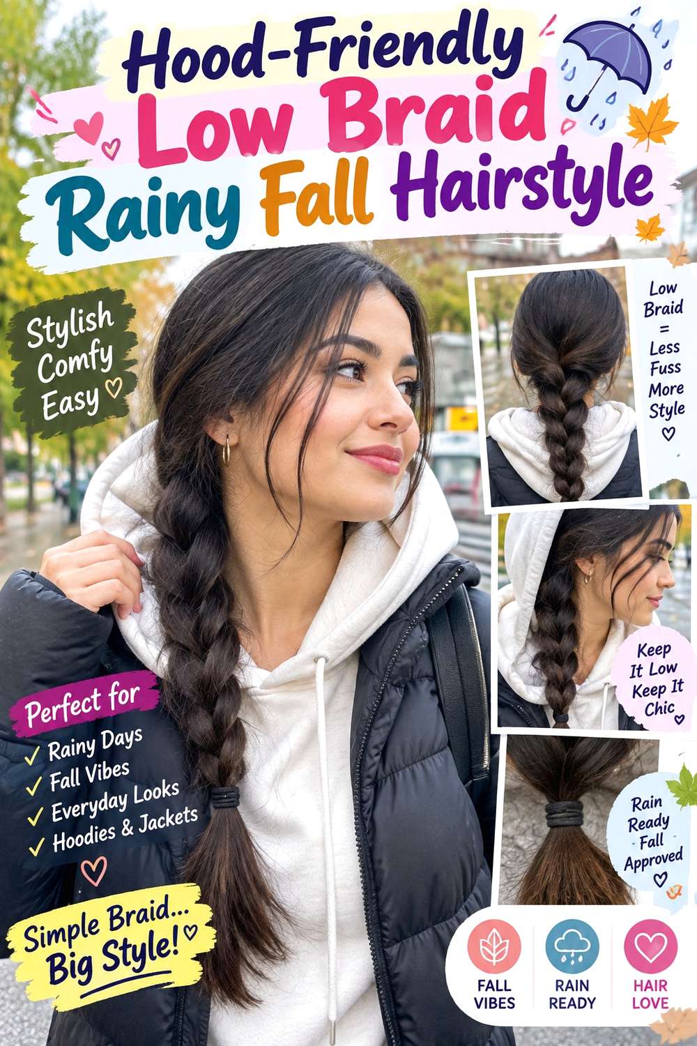 Hood-Friendly Low Braid Rainy Fall Hairstyle