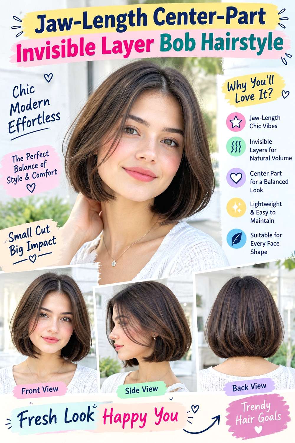 Jaw-Length Center-Part Invisible Layer Bob Hairstyle