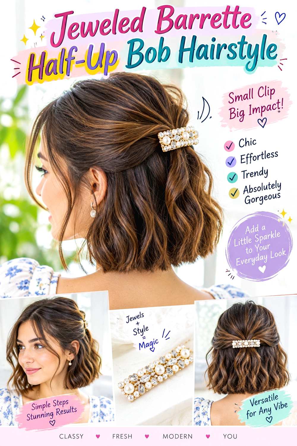 Jeweled Barrette Half-Up Bob Hairstyle
