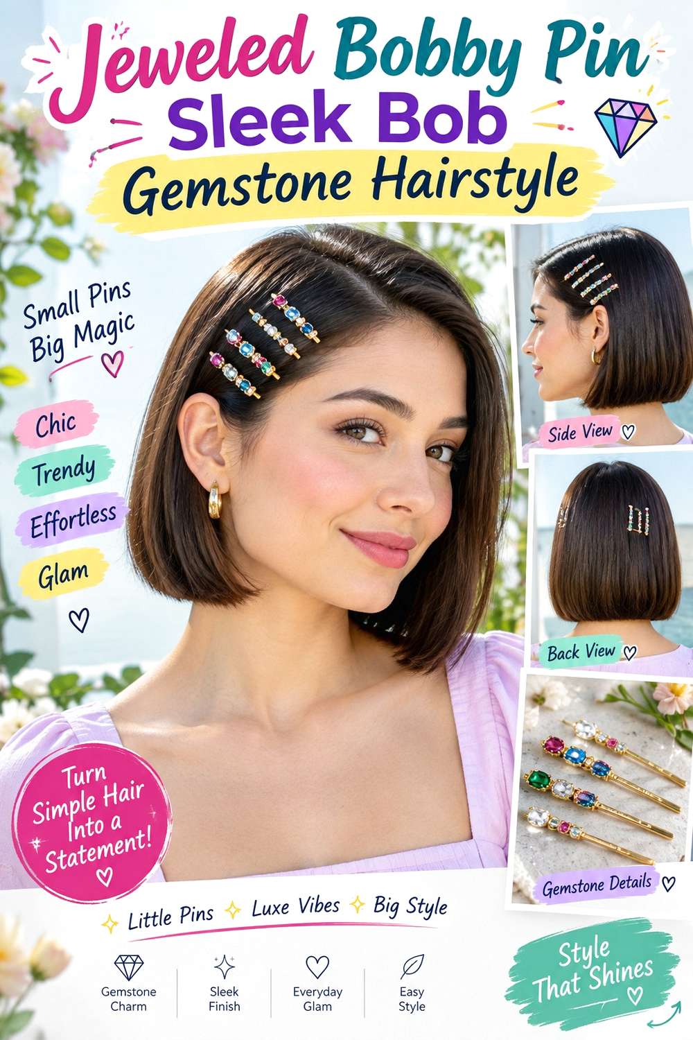 Jeweled Bobby Pin Sleek Bob Gemstone Hairstyle