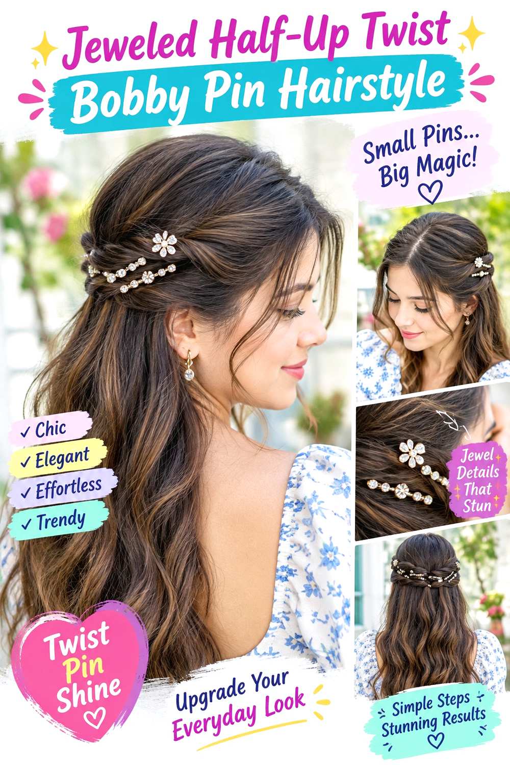 Jeweled Half-Up Twist Bobby Pin Hairstyle