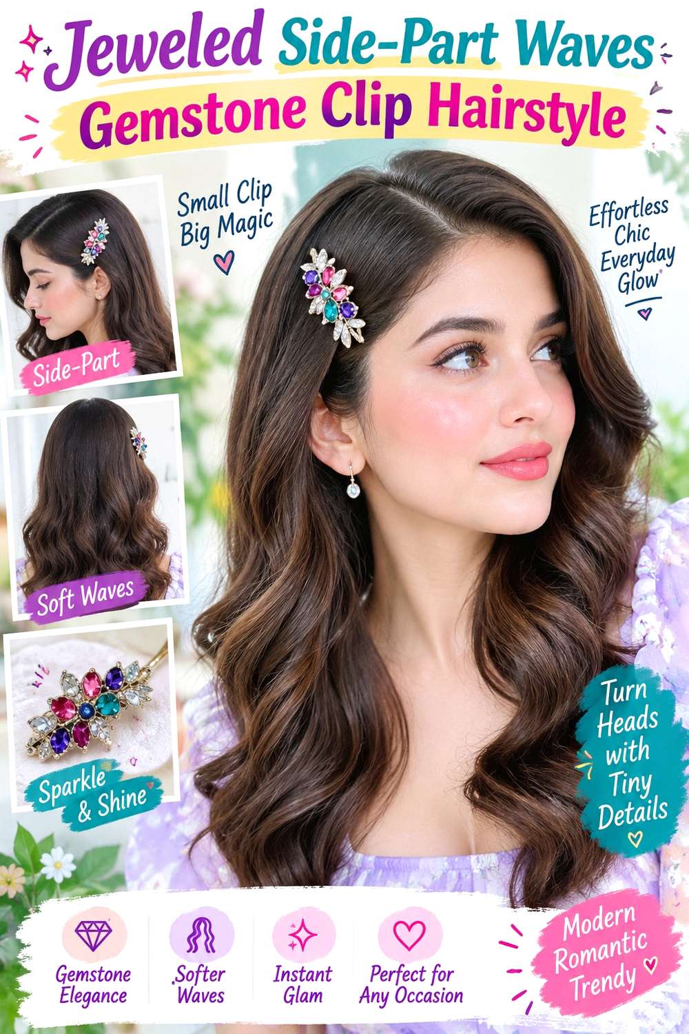 Jeweled Side-Part Waves Gemstone Clip Hairstyle