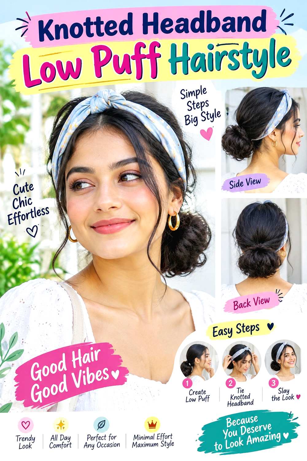 Knotted Headband Low Puff Hairstyle