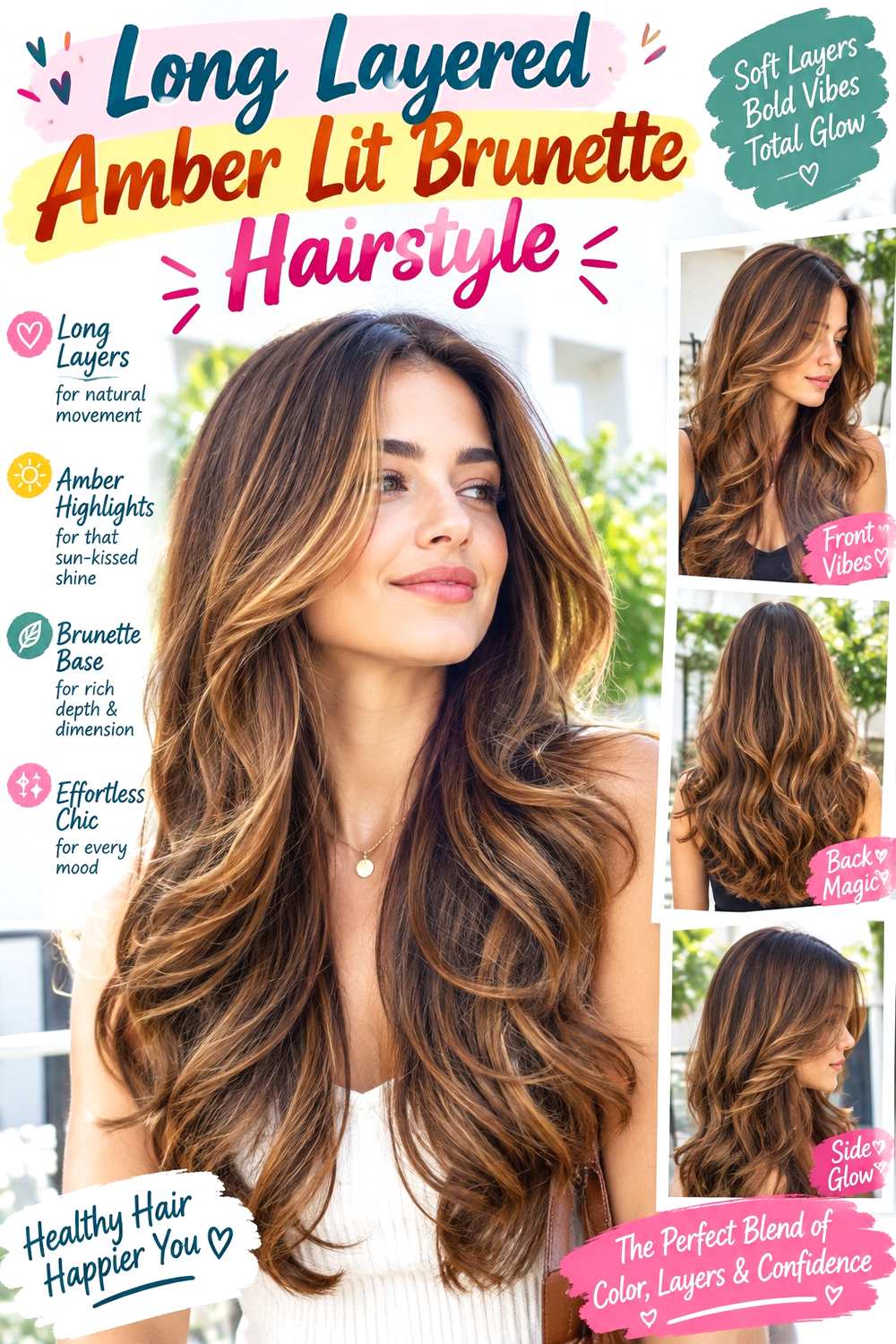 Long Layered Amber Lit Brunette Hairstyle