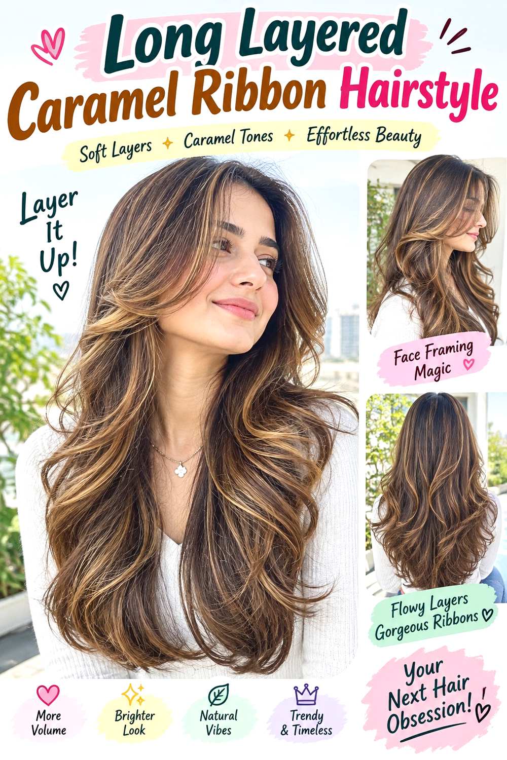 Long Layered Caramel Ribbon Hairstyle