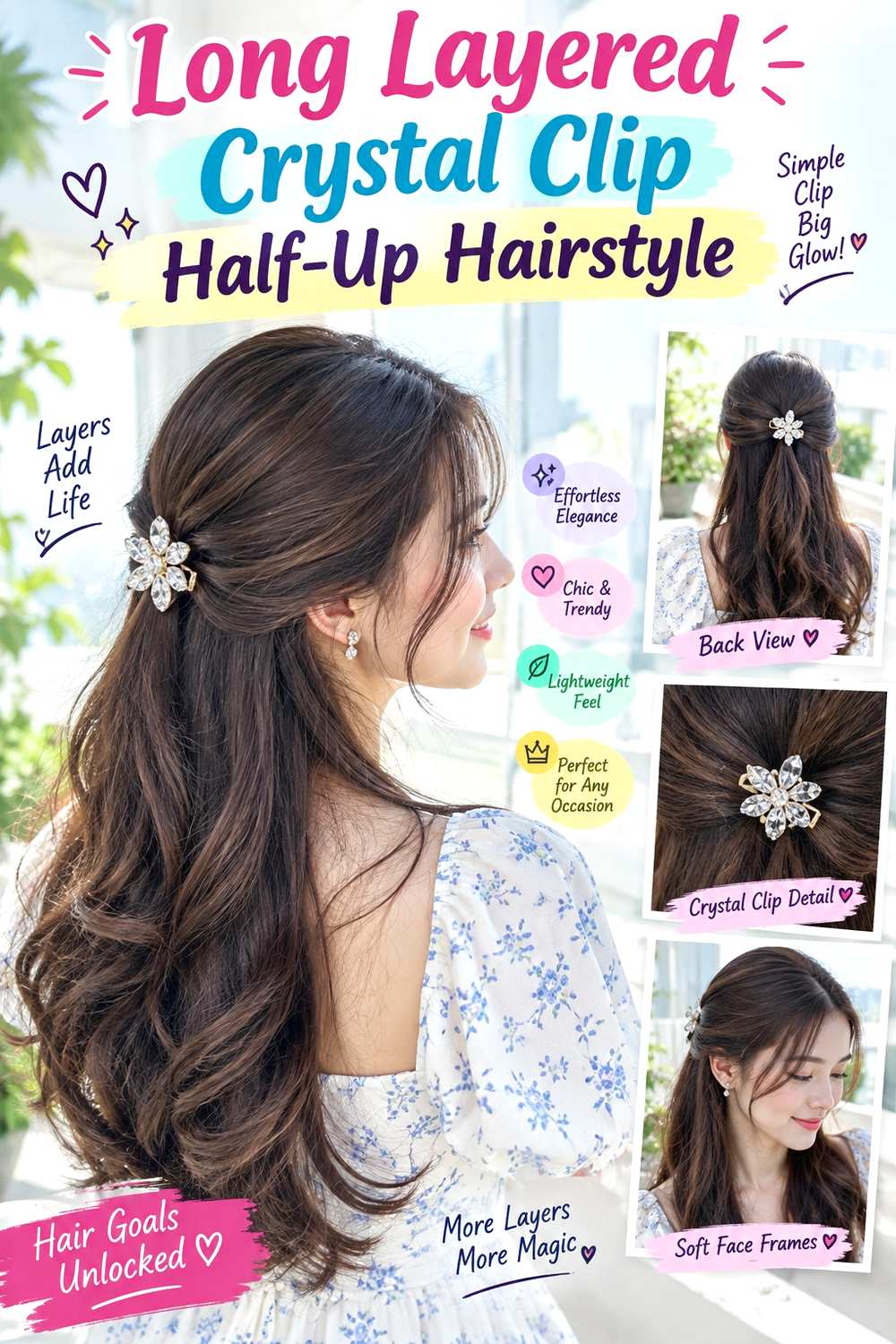 Long Layered Crystal Clip Half-Up Hairstyle