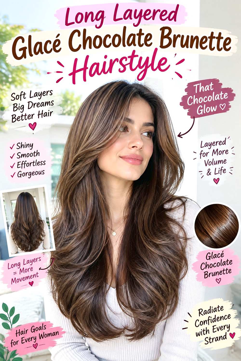 Long Layered Glacé Chocolate Brunette Hairstyle