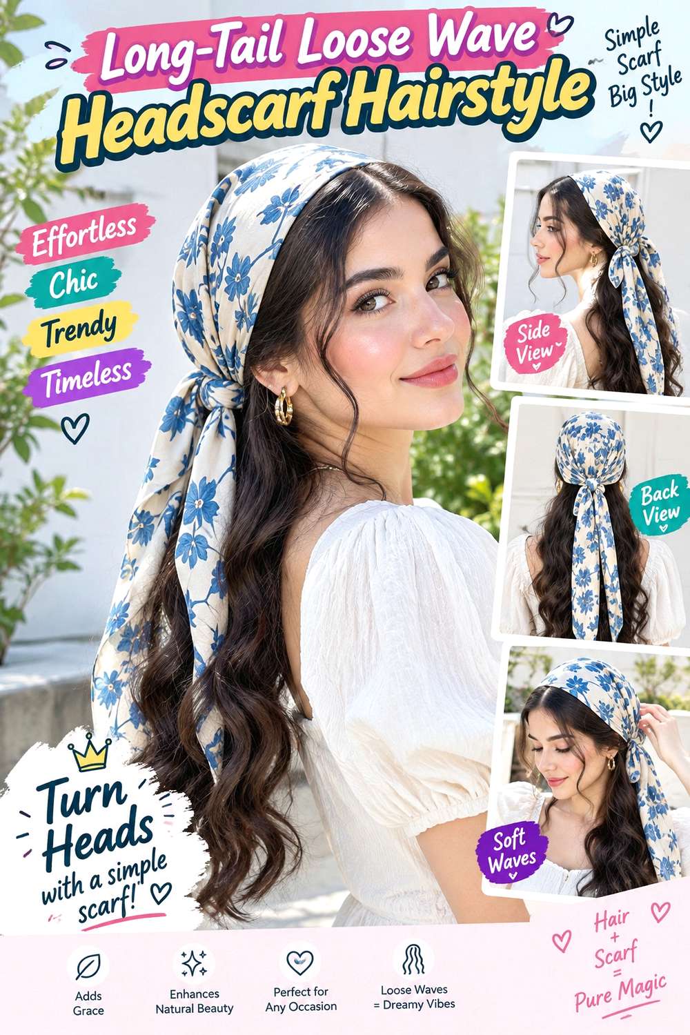 Long-Tail Loose Wave Headscarf Hairstyle