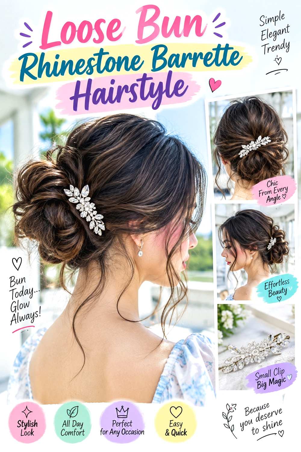 Loose Bun Rhinestone Barrette Hairstyle
