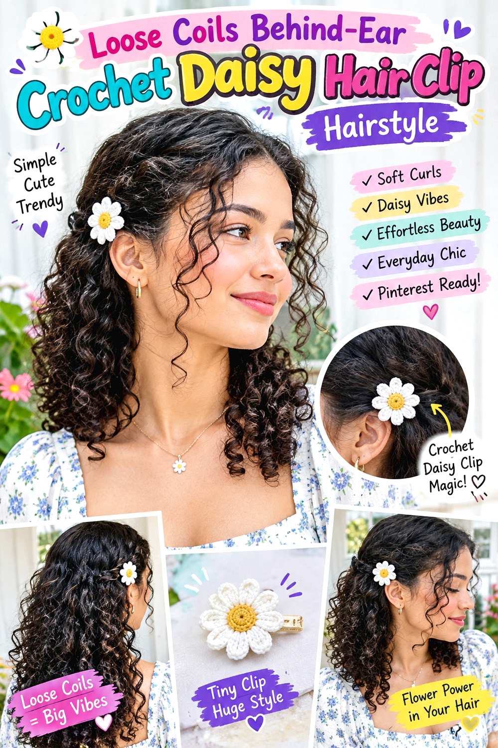 Loose Coils Behind-Ear Crochet Daisy Hair Clip Hairstyle