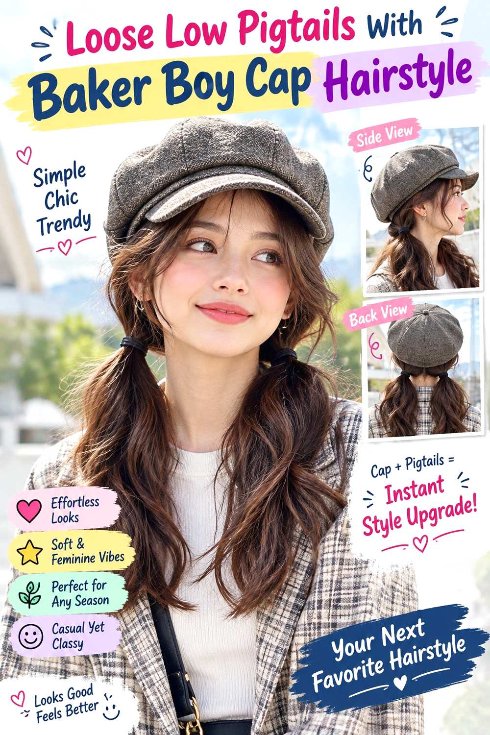 Loose Low Pigtails With Baker Boy Cap Hairstyle