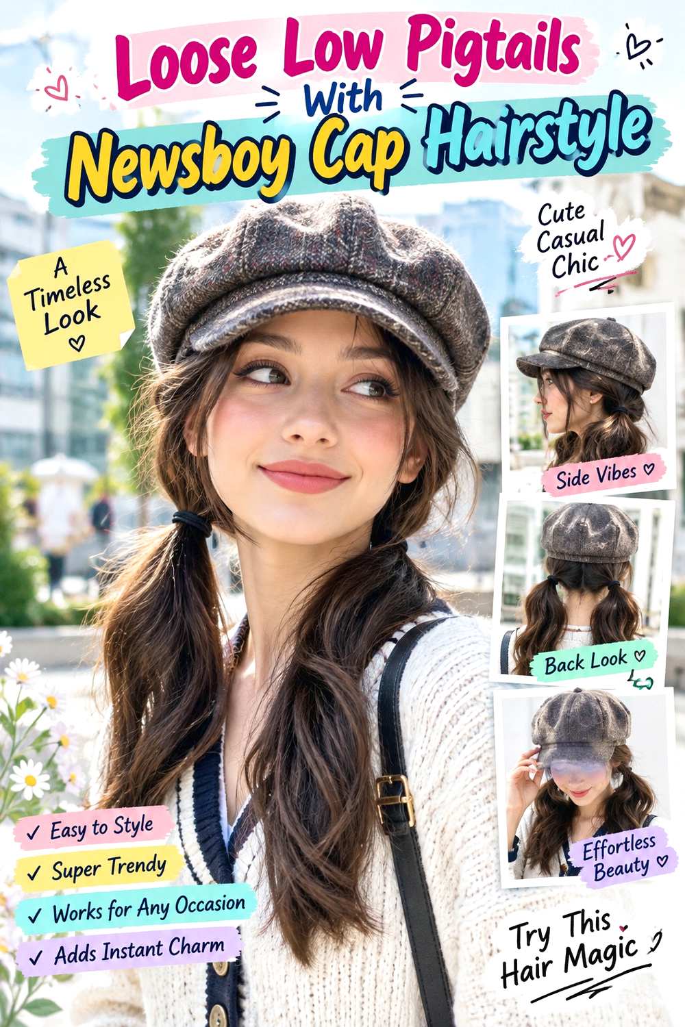 Loose Low Pigtails With Newsboy Cap Hairstyle