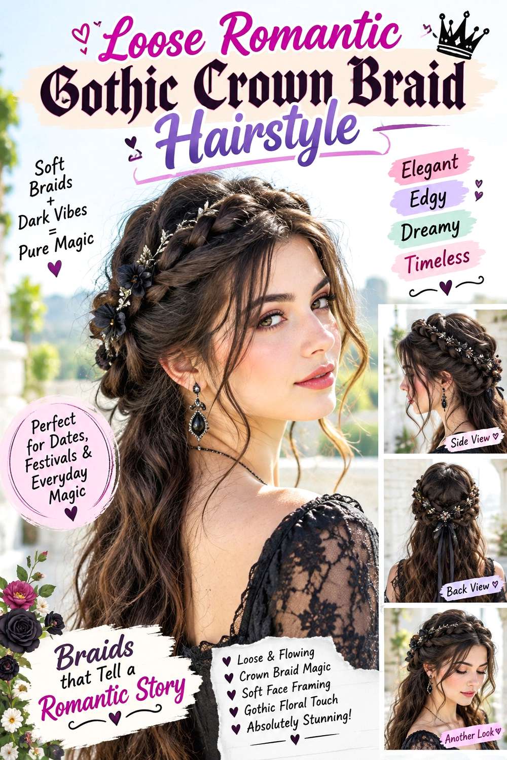 Loose Romantic Gothic Crown Braid Hairstyle