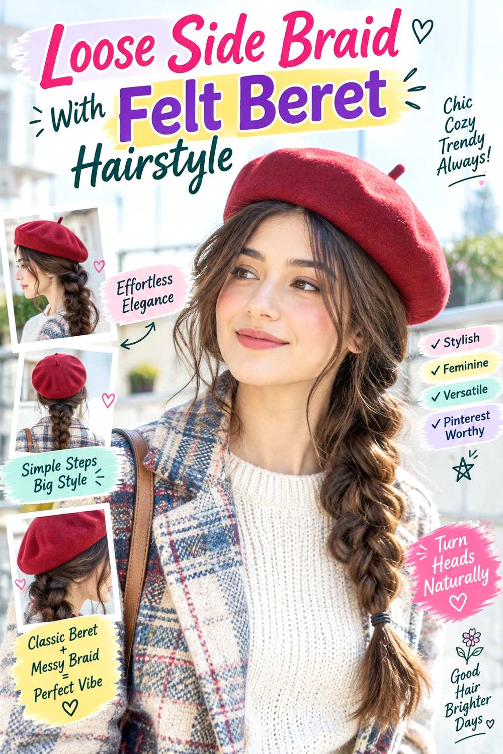 Loose Side Braid With Felt Beret Hairstyle