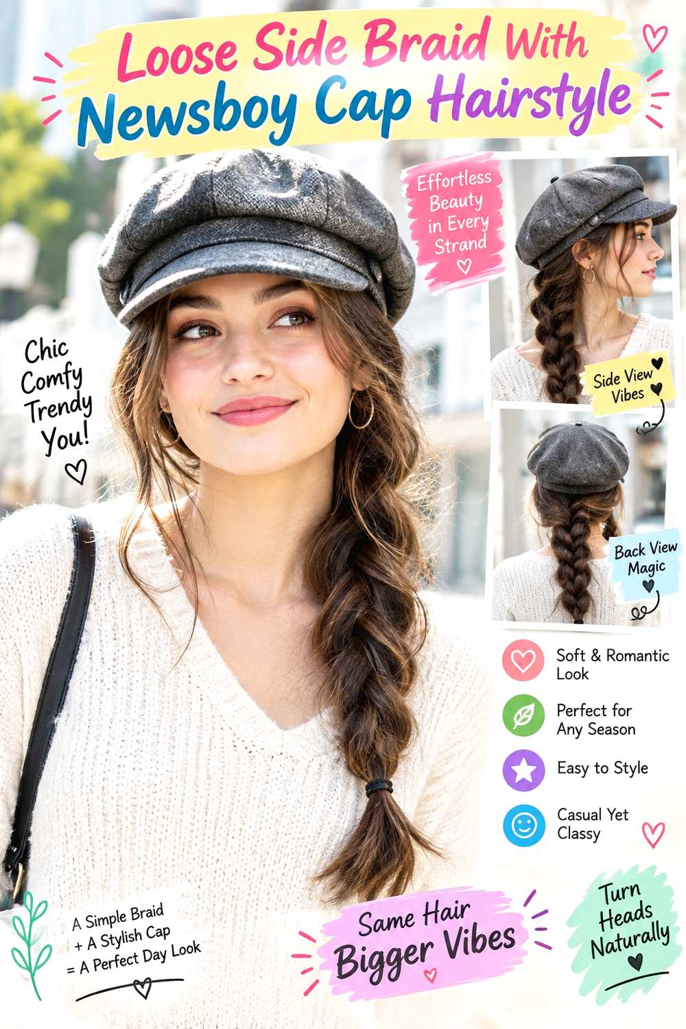 Loose Side Braid With Newsboy Cap Hairstyle