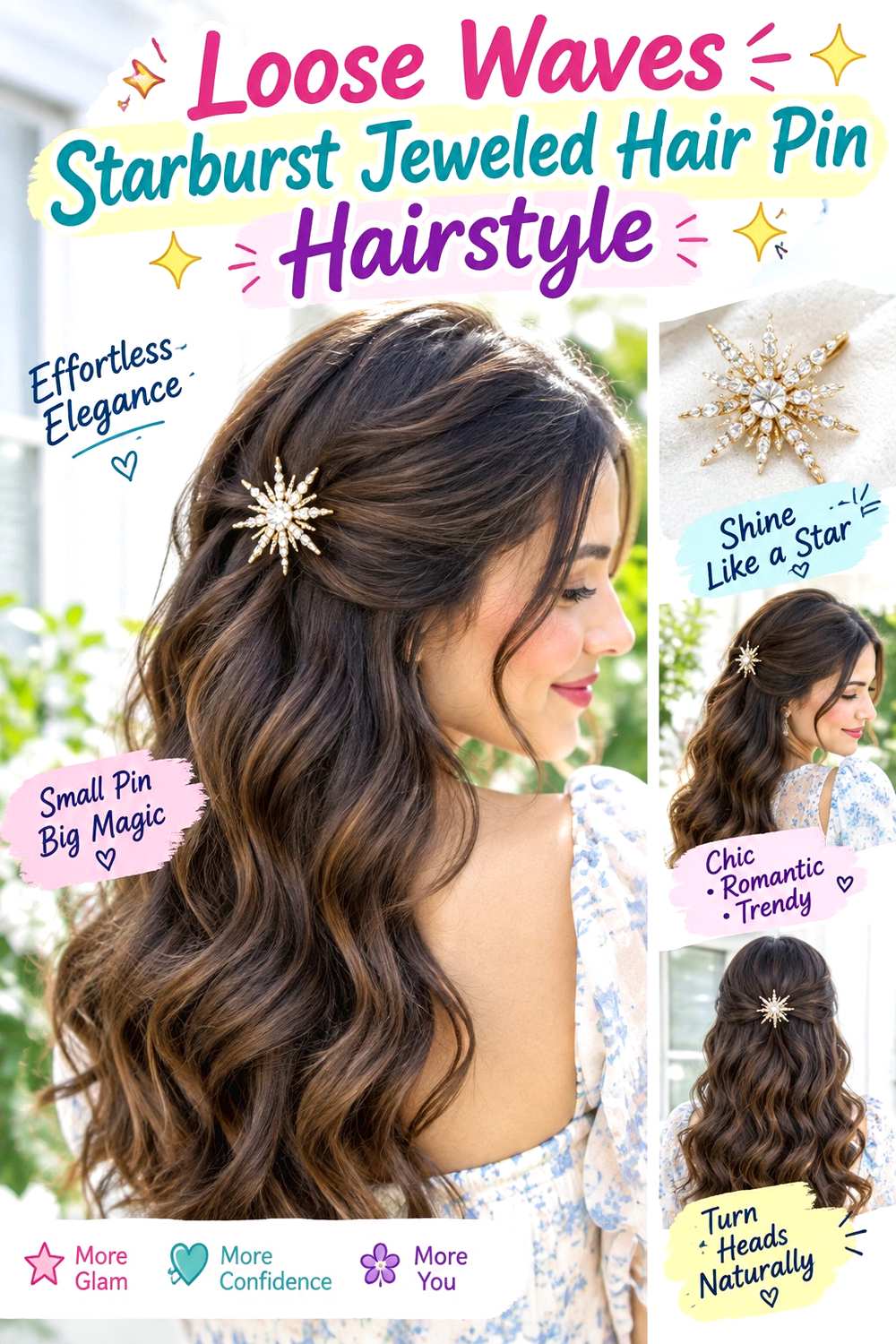 Loose Waves Starburst Jeweled Hair Pin Hairstyle