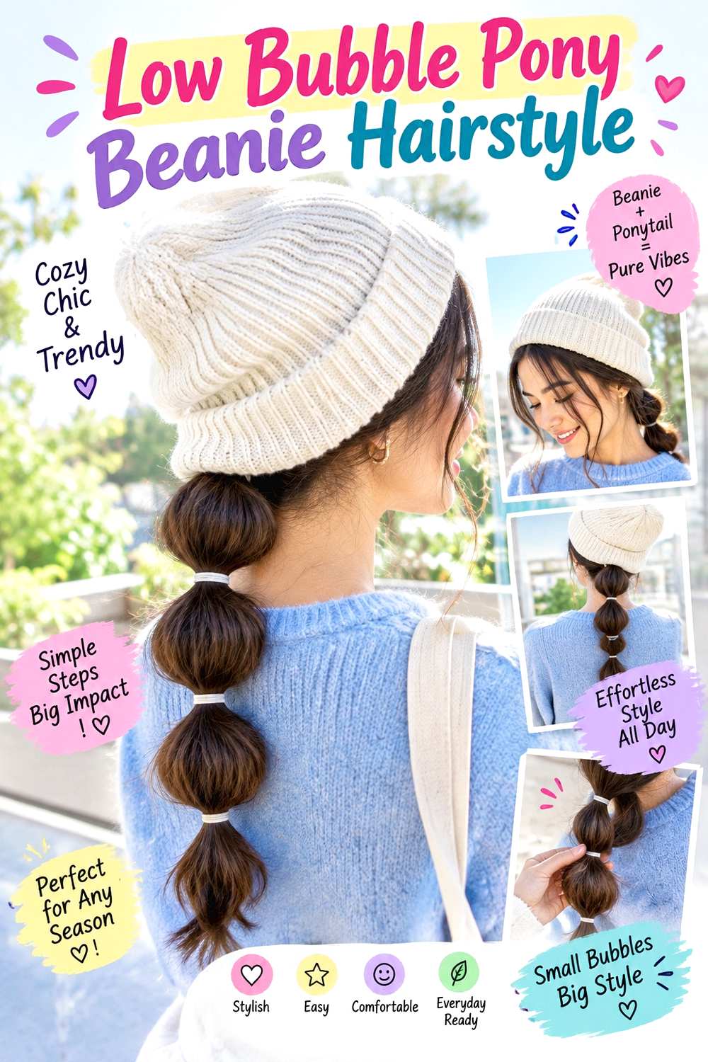 Low Bubble Pony Beanie Hairstyle