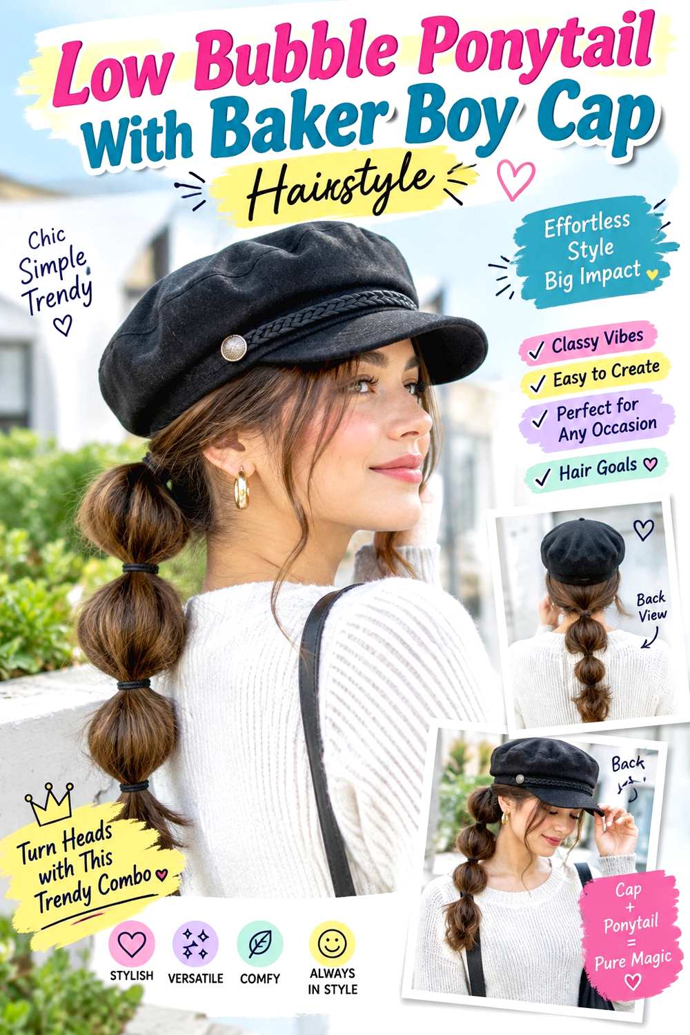 Low Bubble Ponytail With Baker Boy Cap Hairstyle