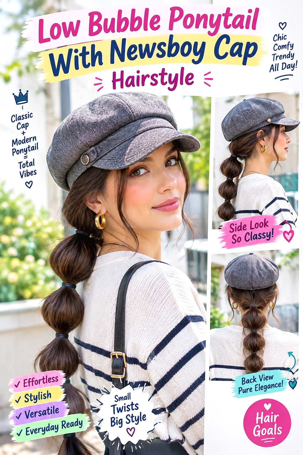 Low Bubble Ponytail With Newsboy Cap Hairstyle