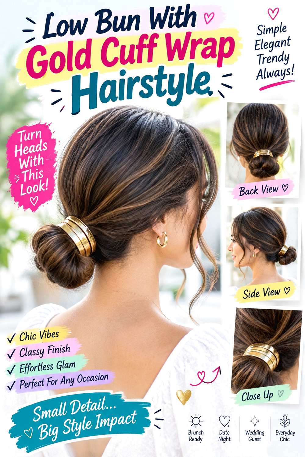 Low Bun With Gold Cuff Wrap Hairstyle