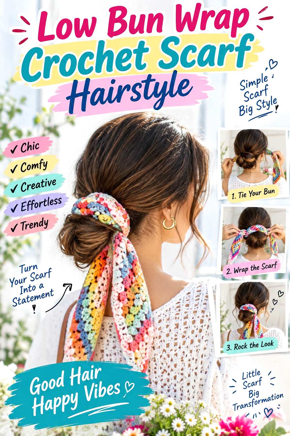 Low Bun Wrap Crochet Scarf Hairstyle